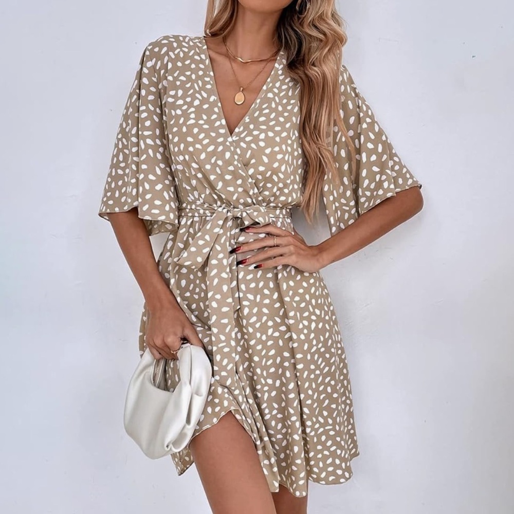 Elegant Tan printed boho Dress with tie belt